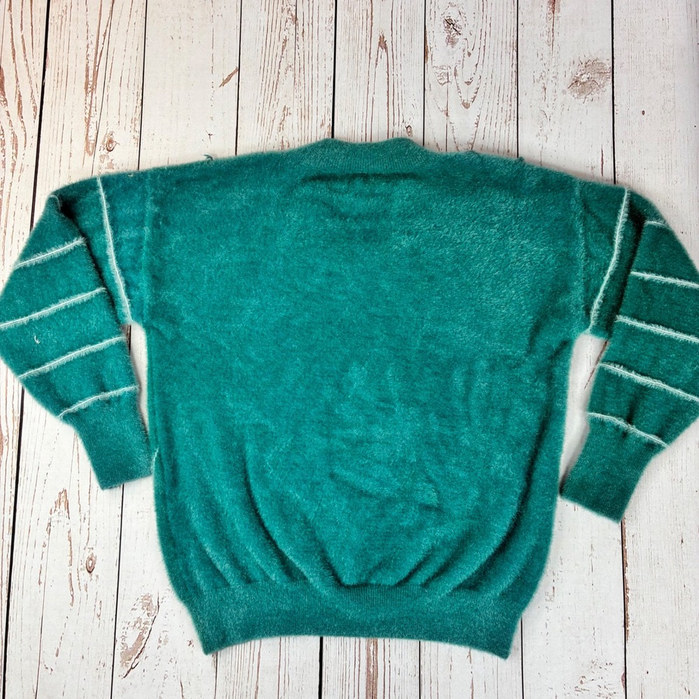 Vintage Teal Green Angora Fringe V-Neck Sweater Pinstripe Knit Pullover - Picture 2 of 6